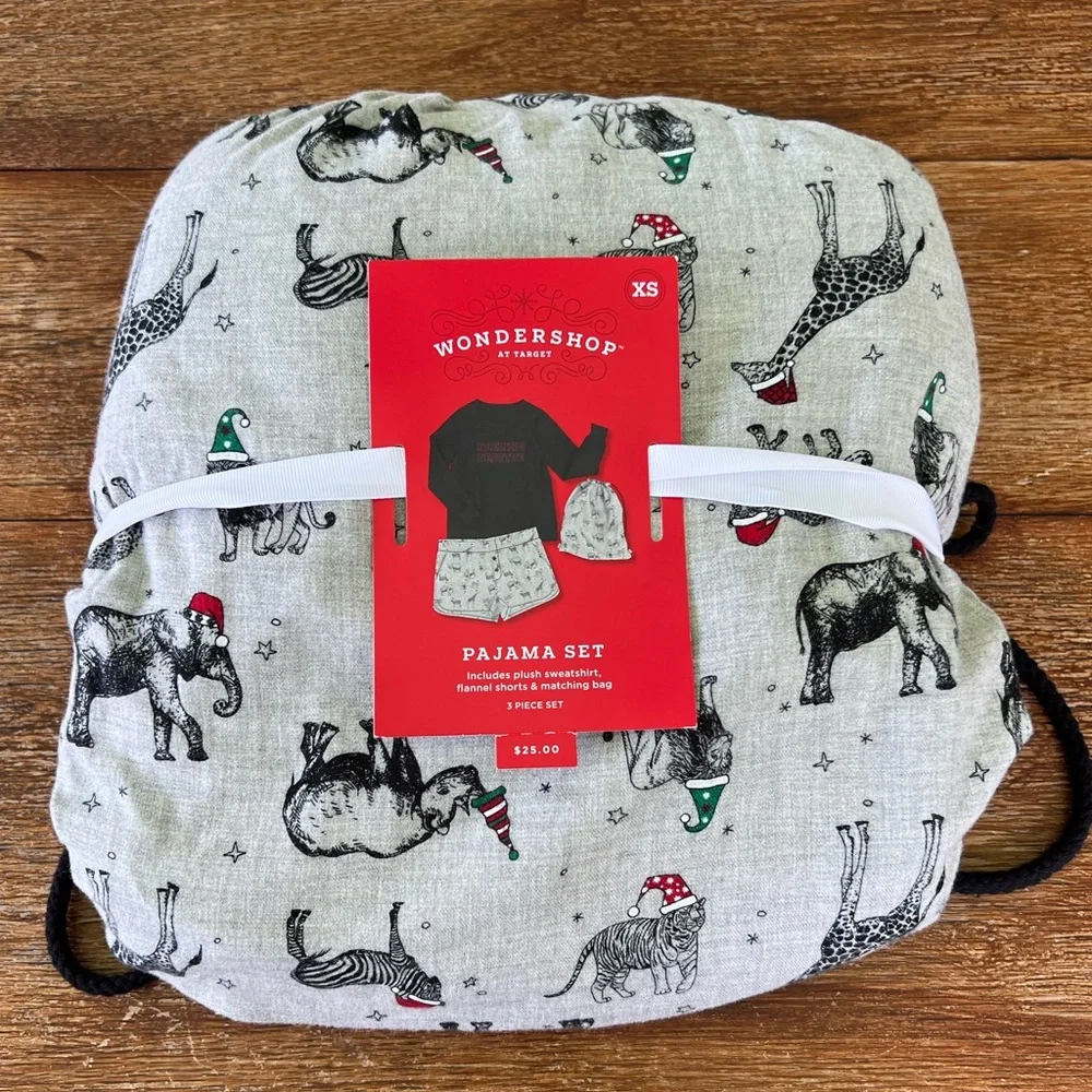 Wondershop Feeling Festive 3pc Backpack Pajama Set Sweatshirt Flannel Shorts XS